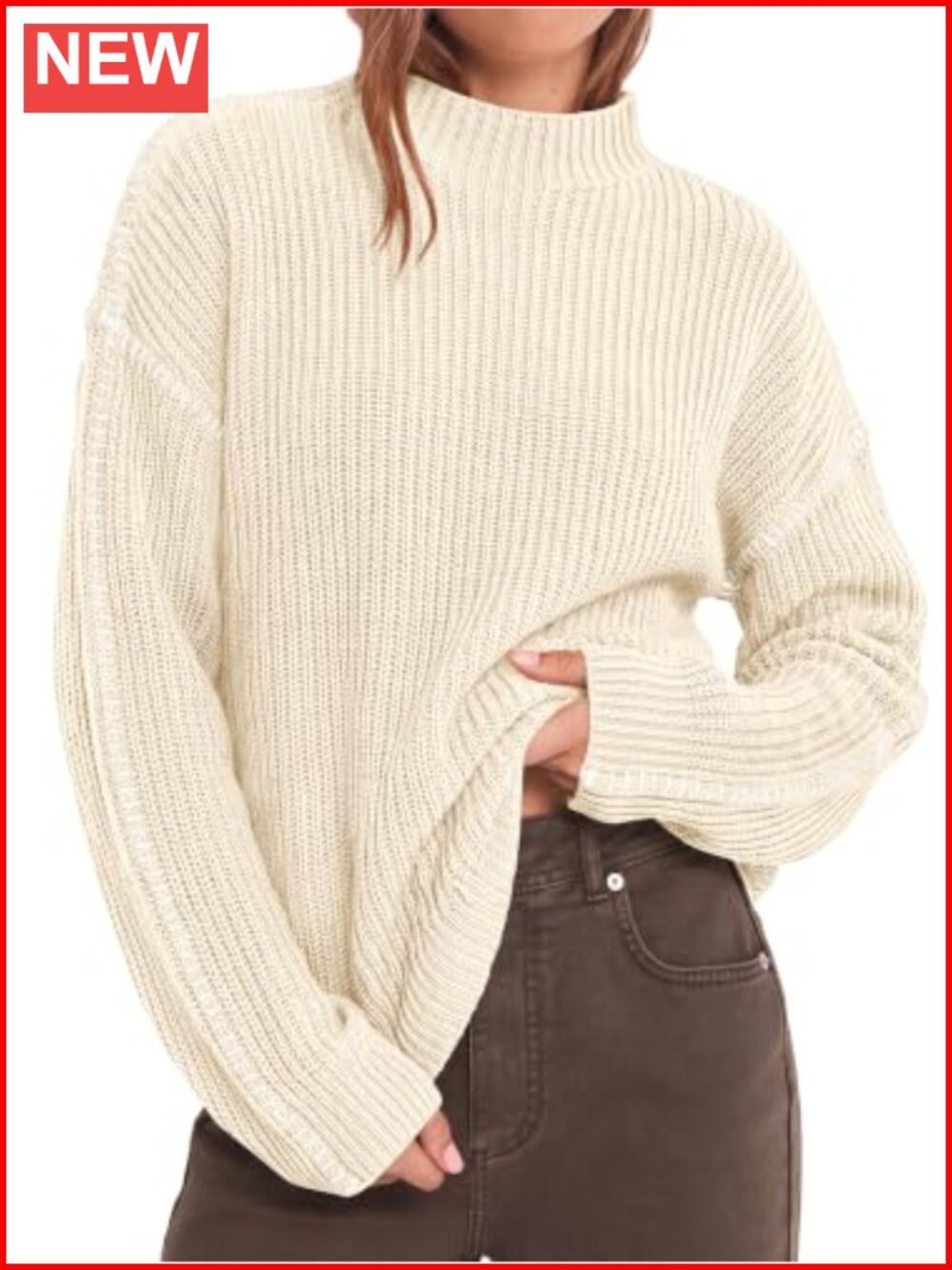 Oversized Chunky Knit Pullover Sweater Women Mock Neck Drop Shoulder Loose Fit